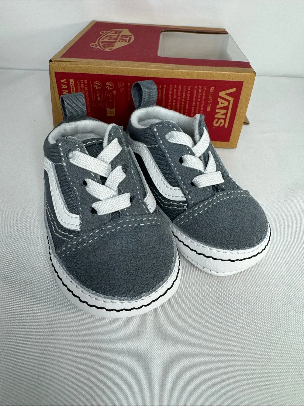 Vans Baby Crib Gray & White Classic Slip-On Style Sneakers